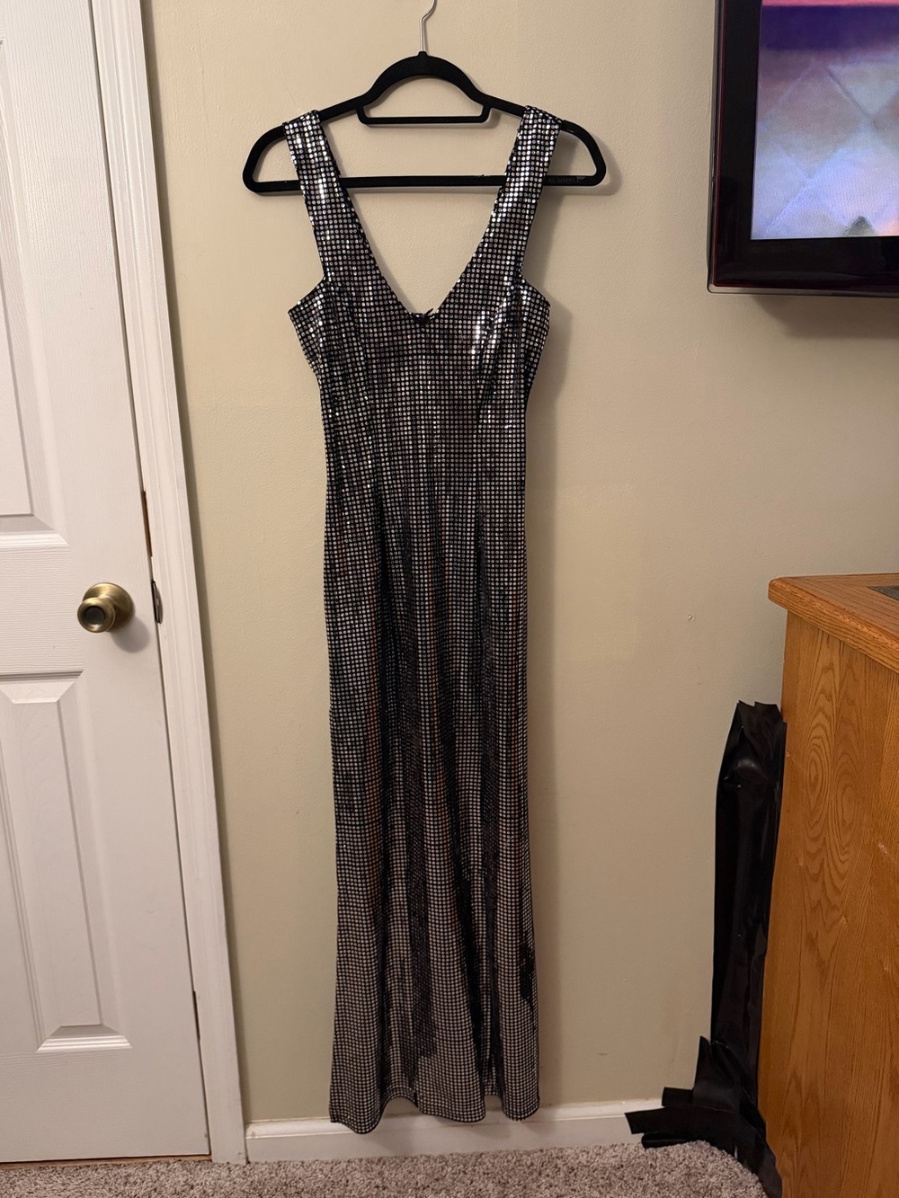 Vintage Lip Service Los Angeles Silver sequin Disc Maxi Dress Goth Clubwea